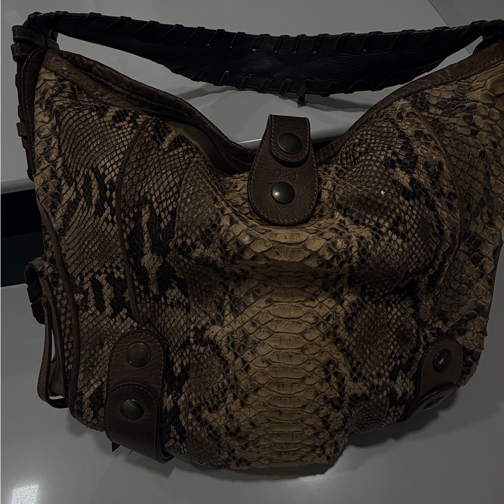 Chloé Brown Python-Print Shoulder Bag with Tan Tr… - image 2